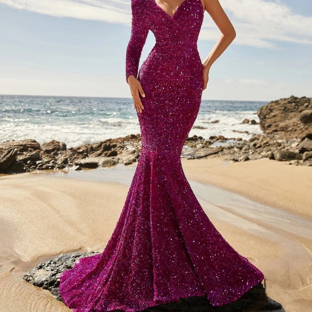 Asymmetrical Neck Sequin Prom Dress pink - Picture 3 of 5